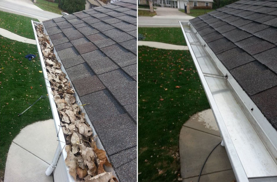 gutter before and after cleaning with leaves