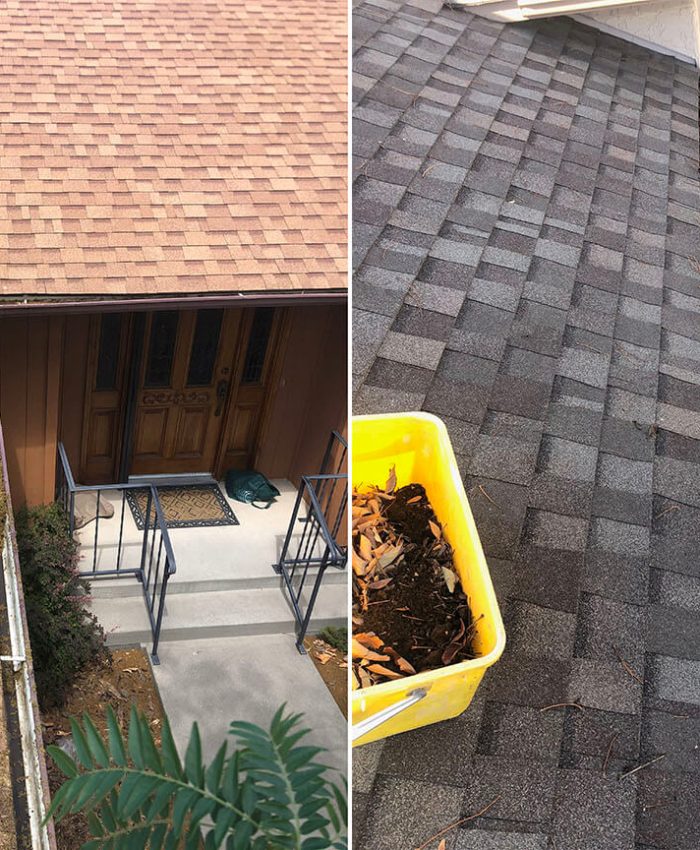 before and after gutter cleaning with yellow bucket